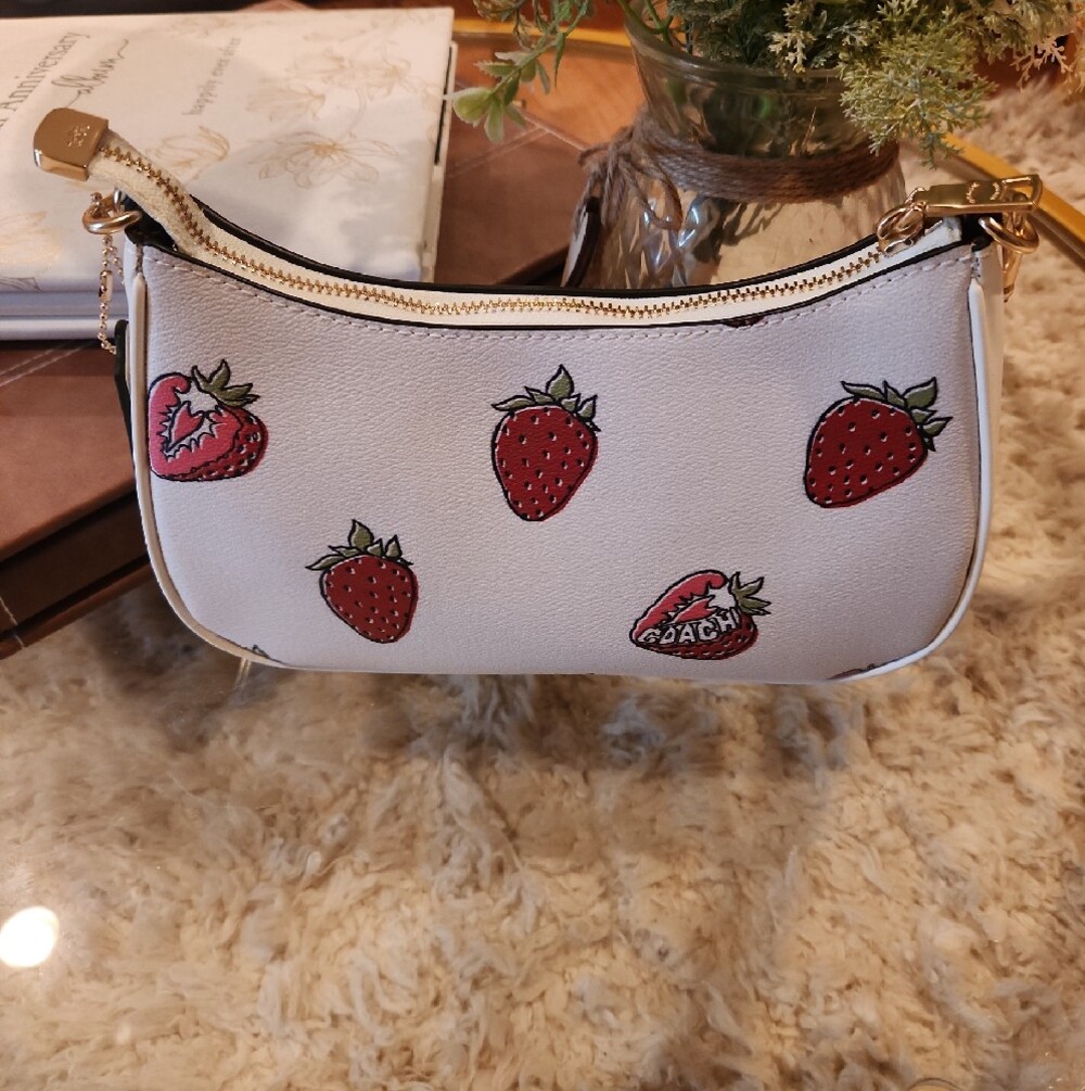 COACH White Leather Mini Bag with Strawberry Print and Gold Hardware - Picture 6 of 9